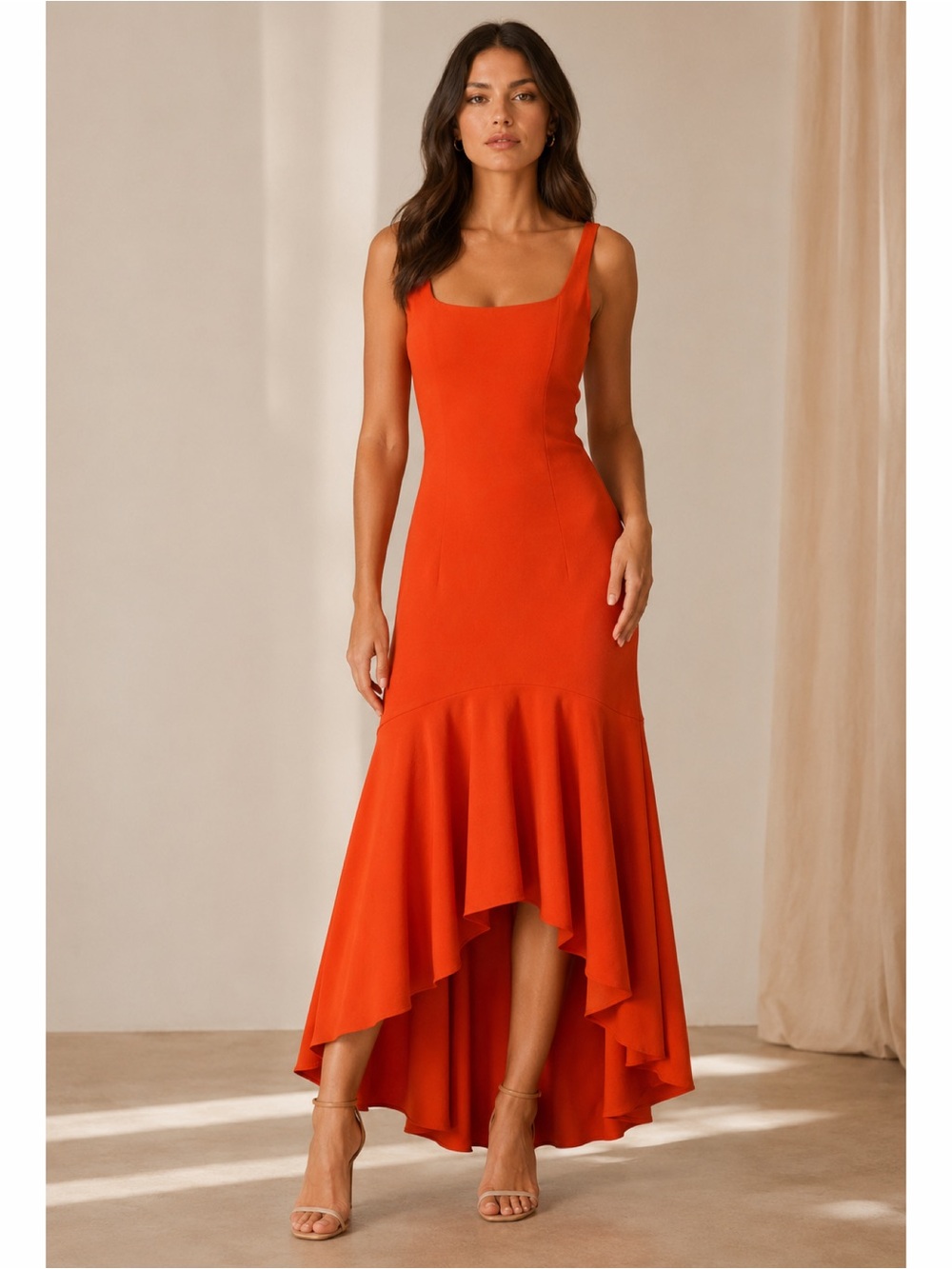 GIANNI BINI NWT Sleeveless Square Neck Ruffle Hi-Lo Reid Maxi Dress Spice